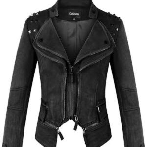 NWT Chou Yatou Womens Black Studs Zippers Shaping Faux Suede Biker Jacket S